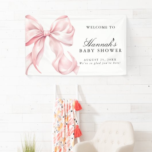 Pink Coquette Bow Girl Baby Shower Welcome Sign Spandoek (Insitu)