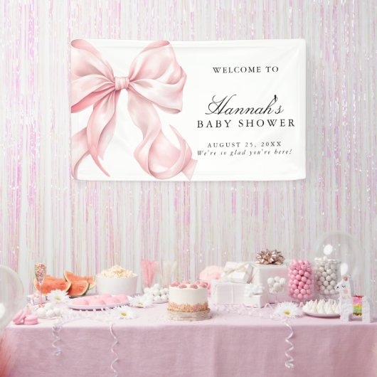 Pink Coquette Bow Girl Baby Shower Welcome Sign Spandoek (Feest)