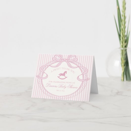 Pink Coquette Bow Rocking Horse Baby Thank You  Bedankkaart (Voorkant)