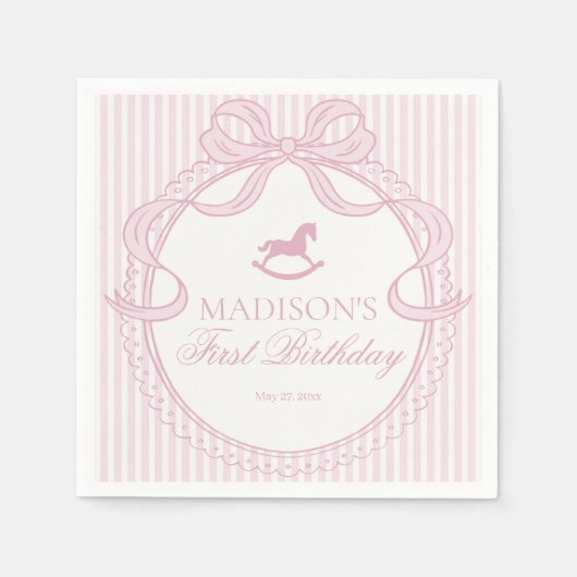 Pink Coquette Bow Rocking Horse Birthday Dessert Servet (Voorkant)