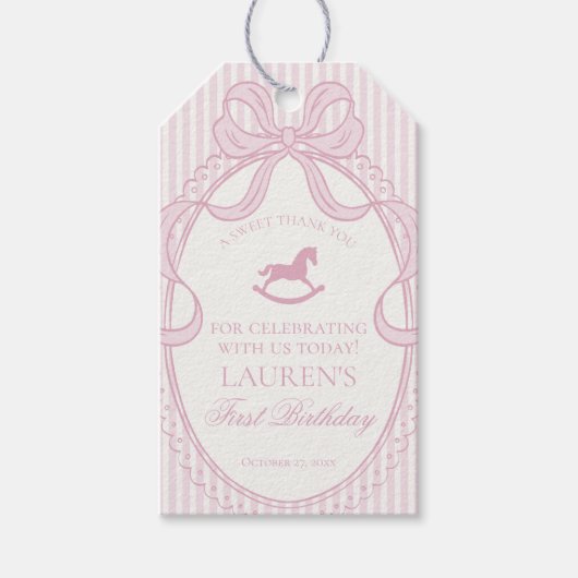 Pink Coquette Bow Rocking Horse Birthday Favors Cadeaulabel (Voorkant)