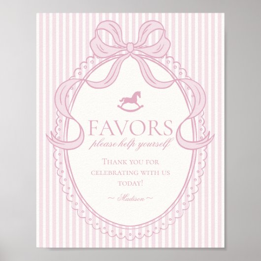 Pink Coquette Bow Rocking Horse Favors Sign Poster (Voorkant)
