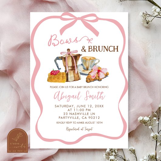 Pink coquette bows and brunch baby shower kaart