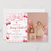Pink Coquette Cherry First Birthday Party Photo Kaart (Voorkant)