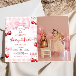 Pink Coquette Cherry First Birthday Party Photo Kaart