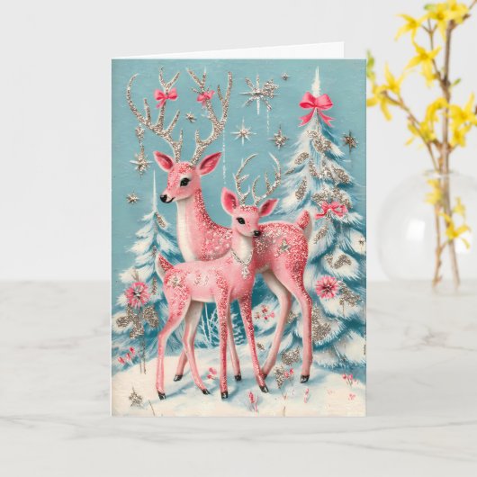 Pink Coquette Deer Vintage Christmas  Kaart (Gele Bloem)