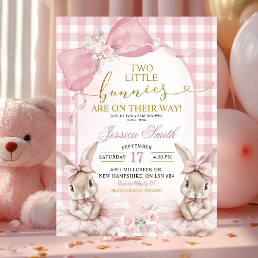 Pink Coquette Gingham Twin Bunnies Baby Shower Kaart