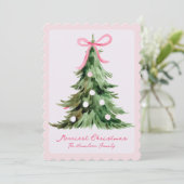 Pink Coquette Ornate Rococo Bow Christmas tree Feestdagenkaart (Staand voorkant)