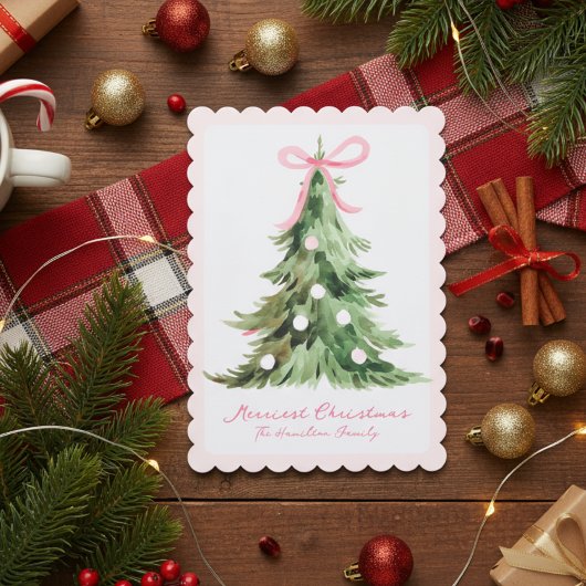 Pink Coquette Ornate Rococo Bow Christmas tree Feestdagenkaart