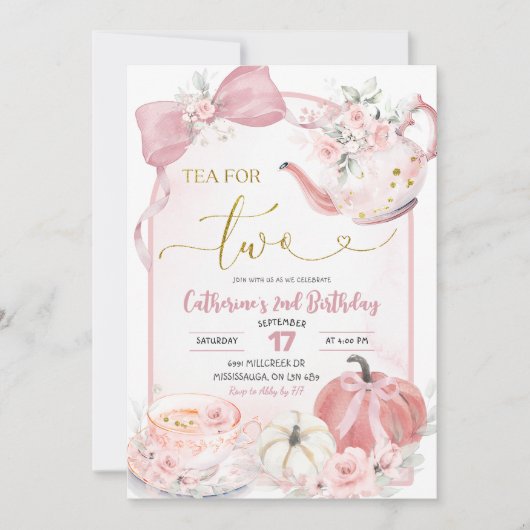 Pink Coquette Pumpkin Tea For Two Second Birthday Kaart (Voorkant)