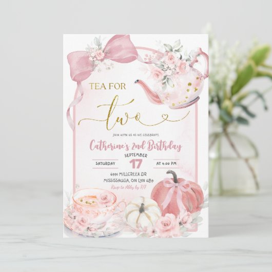 Pink Coquette Pumpkin Tea For Two Second Birthday Kaart (Staand voorkant)
