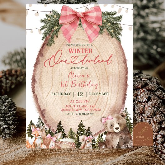 Pink Coquette Rustic Winter Forest 1st Birthday  Kaart