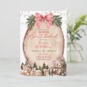 Pink Coquette Rustic Winter Forest 1st Birthday  Kaart (Staand voorkant)