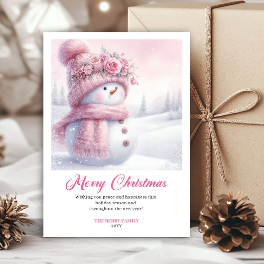 Pink coquette snowman kids card editable instant feestdagenkaart