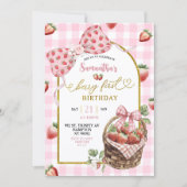 Pink Coquette Strawberry Gingham First Birthday Kaart (Voorkant)