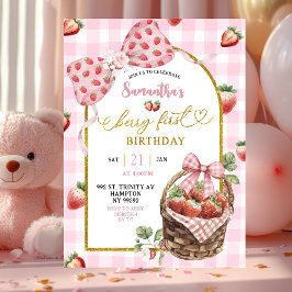 Pink Coquette Strawberry Gingham First Birthday Kaart