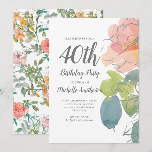 Pink Coral Boho Waterverf Floral 40e verjaardag Kaart (Voorkant / Achterkant)