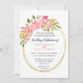 Pink Coral Floral and Gold Wedding Invitation Kaart (Voorkant)