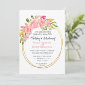 Pink Coral Floral and Gold Wedding Invitation Kaart (Staand voorkant)