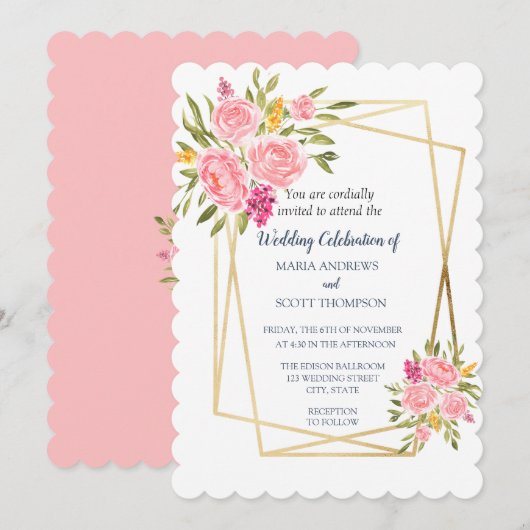 Pink Coral Floral and Gold Wedding Invitation Kaart (Voorkant / Achterkant)