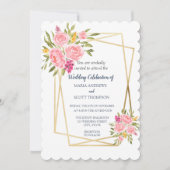 Pink Coral Floral and Gold Wedding Invitation Kaart (Voorkant)