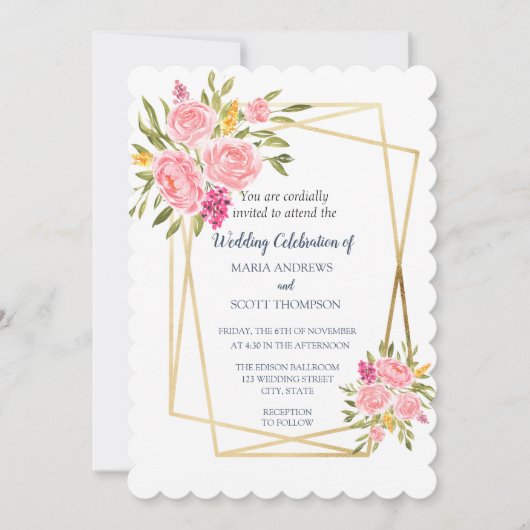 Pink Coral Floral and Gold Wedding Invitation Kaart (Voorkant)