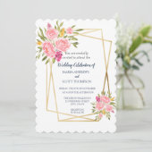 Pink Coral Floral and Gold Wedding Invitation Kaart (Staand voorkant)