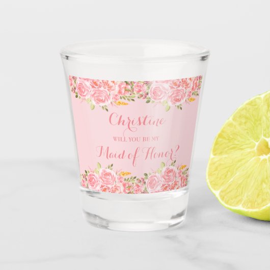 Pink Coral Floral Wedding Party Shot Glas (Voorkant)