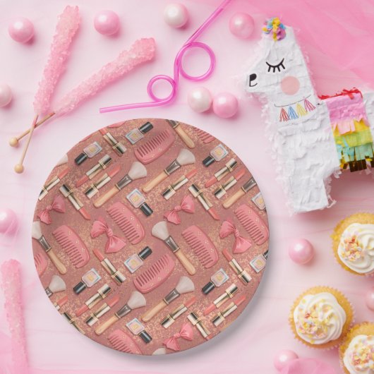 Pink Cosmetics Pattern Glitter  Papieren Bordje (Feest)