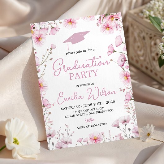 Pink Cosmos & Bee Graduation Invitation Kaart