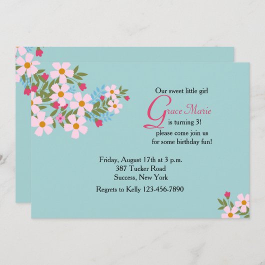 Pink Cosmos Floral Invitation Kaart (Voorkant / Achterkant)