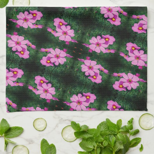 Pink Cosmos Flowers Pattern Theedoek (Gevouwen)