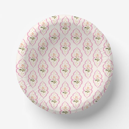 Pink Cottage Floral Ogee Patterned Papieren Kommen (Voorkant)
