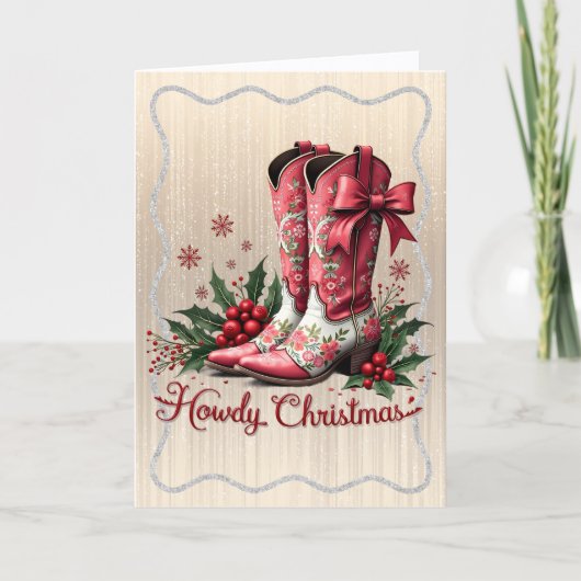 Pink Cowboy Boots with Holly Feestdagen Kaart (Voorkant)