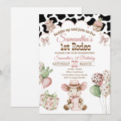 Pink Cowgirl 1st Birthday Invitation | First Rodeo Kaart (Voorkant / Achterkant)