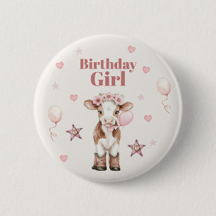Pink Cowgirl Birthday Farm Theme 1st Ronde Button 5,7 Cm