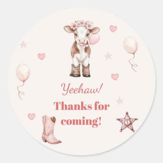 Pink Cowgirl Birthday | Farm Theme 1st Ronde Sticker (Voorkant)