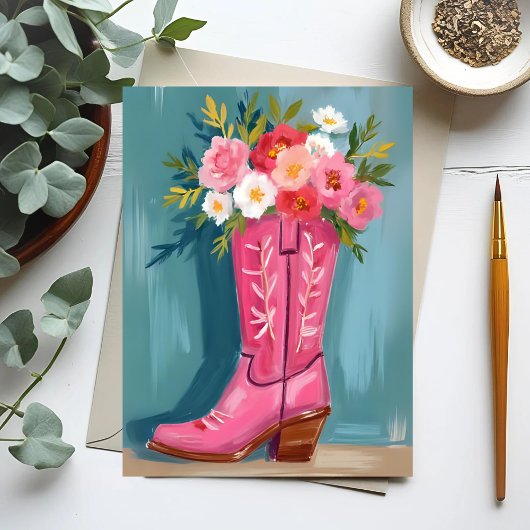 Pink Cowgirl Boot Flower Bouquet Watercolor Briefkaart