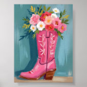 Pink Cowgirl Boot Flower Bouquet Watercolor Poster (Voorkant)
