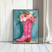 Pink Cowgirl Boot Flower Bouquet Watercolor Poster