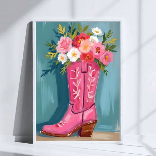 Pink Cowgirl Boot Flower Bouquet Watercolor Poster