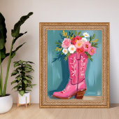 Pink Cowgirl Boot Flower Bouquet Watercolor Poster