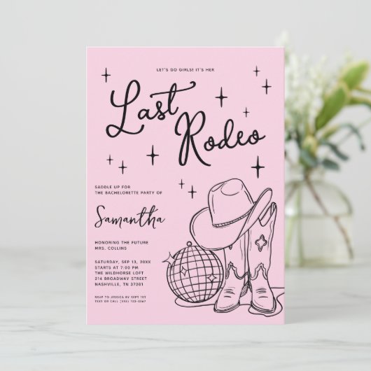 Pink Cowgirl Disco Last Rodeo Bachelorette Party Kaart (Staand voorkant)