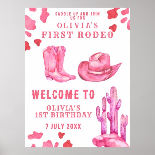 Pink Cowgirl First Birthday Party Poster (Voorkant)