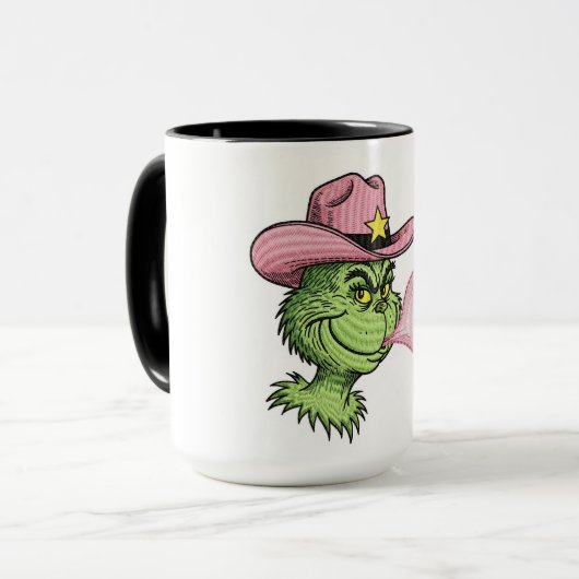 Pink Cowgirl Grinch Mug, Sassy Christmas Cup Mok (Voorkant links)