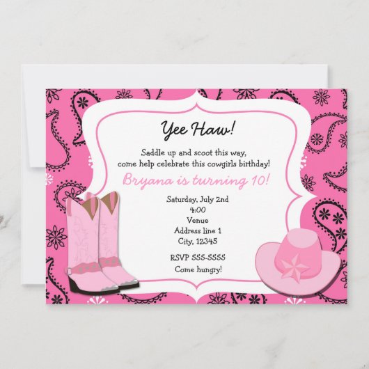 Pink Cowgirl Western Bandana Paisley Uitnodiging (Voorkant)