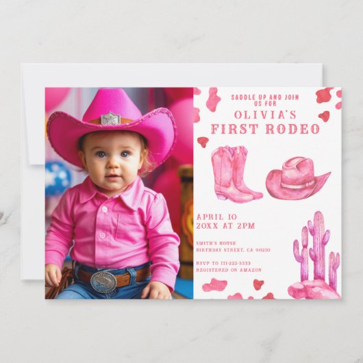 Pink Cowgirl Wild West 1st Rodeo Birthday Party  Kaart (Voorkant)
