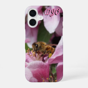 Pink Crab Apple met bijen en je initialen iPhone 16 Hoesje