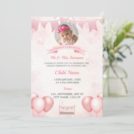 Pink Cradle Baby foto uitnodiging Kaart (Staand voorkant)