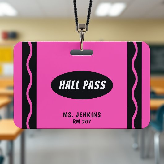 Pink Crayon Teacher Student Classroom Hall Pass Badge